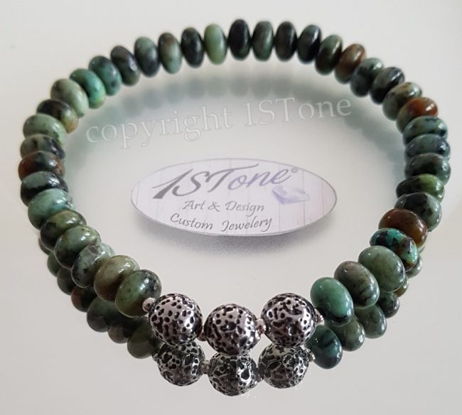 1STone Premium Bracelet African Turquoise & carved Rounds 