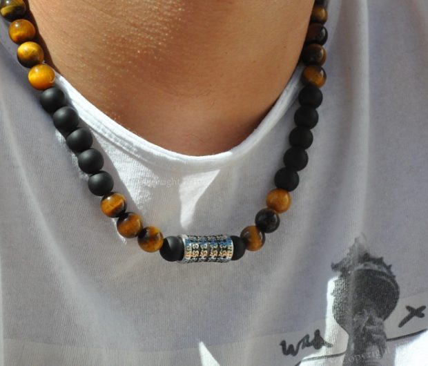 Free Tibet Mens 1ST Leaders Gemstone Necklace Golden Tigers Eye & Obsidian matt finished with Titanum Stainless Steel by 1STone Art & Design Custom Jewelry