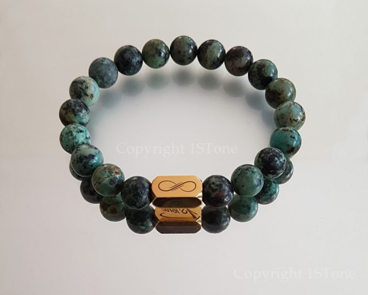 Gemstone Premium Comfort Bracelet Back from Nubia African Turquoise with Titanum Stainless Steel Golden 1STone & Infinity by 1STone Art & Design Custom Jewelry Fuerteventura