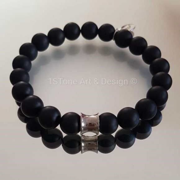 1STone-Premium-Comfort-Gemstone-Bracelet-Black-Friday-silver-matt-finished-Obsidian-and-Silver Cone